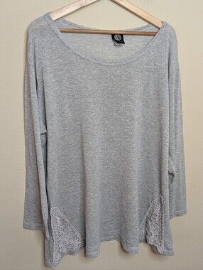 Bobeau Gray‎ Long Sleeve Top Crochet Lace Hem Detail Plus Size 2X